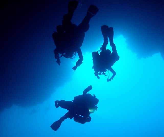 three person diving in the blue ocean
